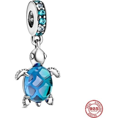 Fit Original Pandora Charms Bracelet Silver Color Blue Murano Glass Sea Turtle Dangle Charm Women Fashion Jewelry DIY Berloque