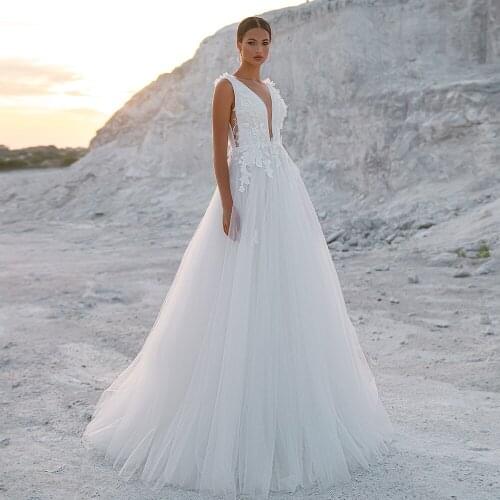 Vestido De Noiva Wedding Dress Sexy V Neck Sleeveless Bridal Gown Floor Length Applique Beading Tulle Wedding Dresses