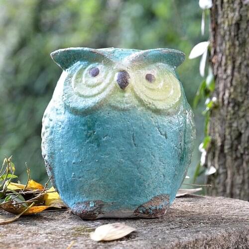 Vintage Blue Yellow Small Pottery Owl Statue American Country Style Handmade Home Garden Decor Tabletop Fat Animal Figurines