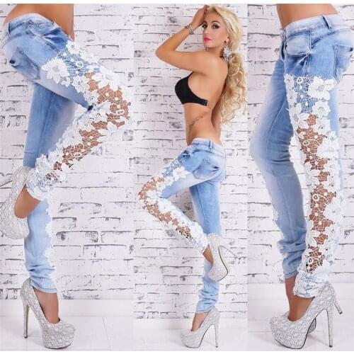 Zoulv 2021 High Quality Hollow Out Casual Women 'S Women Jeans Women Jeans Spliced Lace Floral Denim Pencil Pants
