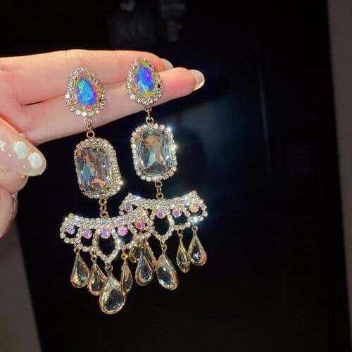 Luxury Shining Crystal Geometric Big Dangle Earrings for Women Vintage Romantic Heavy Long Earrings Korean Style Fashion Jewelry
