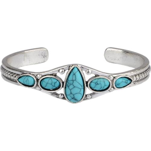 Bohemian Style Silver Color Turquoises Natural Stone Open Adjustable Bangle Women Vintage Jewelry Indian Cuff Bracelet B5O664