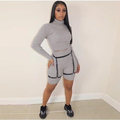 Autumn Winter Women 2 Piece Club Outfits Turtleneck Full Sleeve Crop Top and High Waist Biker Shorts Ribbed Knitted Tracksuit
