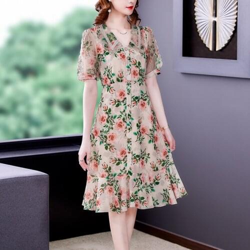 2021 Vintage Casual Chiffon Beach Vacation Dress Summer Red Floral Mulberry Silk Midi Dress Women Elegant Bodycon Party Vestidos