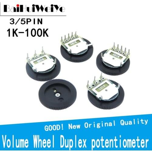 10PCS/LOT Single Double Dial Taper Volume Wheel Duplex potentiometer 3Pin 5Pin 16*2MM B102 B103 B203 B503 B104 1K 2K 5K 10K 20K