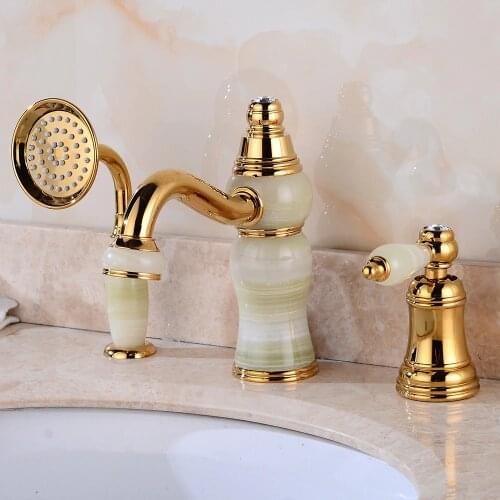 Bathtub Faucet Brass and Jade Gold Deck Bathroom Sink Faucet Set 3 PCS Ceramic Diamond Handheld Shower Washroom Basin Mixer Taps