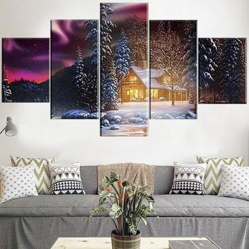 5 Pieces Wall Art Canvas Painting Winter Night Cabin Landscape Poster Home Decoration Frame Pictures Modern For Living Room