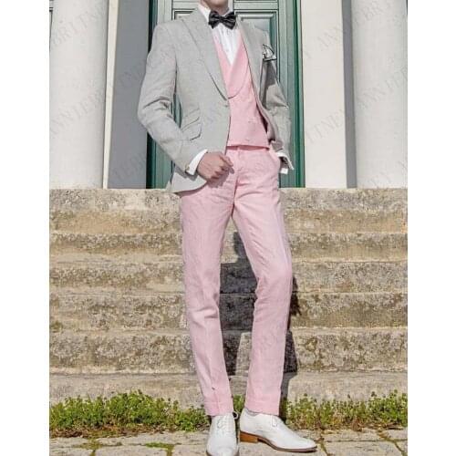 ANNIEBRITNEY Summer Linen Suits Men 2019 Wedding Beach Prom Groom Tuxedo Tailored Grey Blazer Pink Pants Formal Men Suit Set