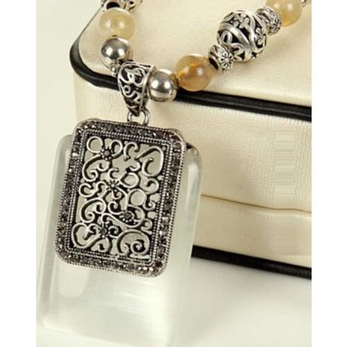 Antique Silver Plated Decorative Pattern Rectangle Shape Cat Eye Stone Pendant Long Beads Chain Necklace Charm Jewelry