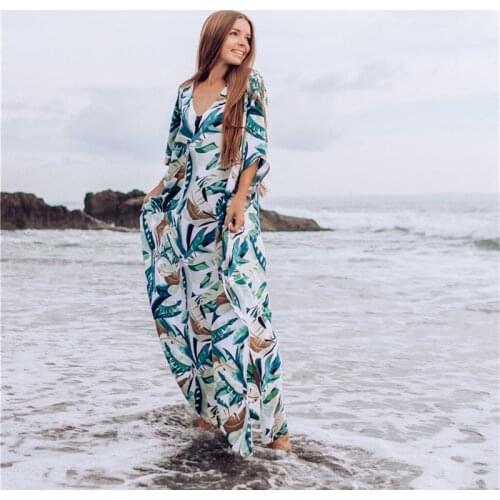 Greek Caftan Oversized Leaf pattern Long dress Bohemian Beach swimsuits coverup Kaftan Batwing loose comfy cotton Oasis tropical