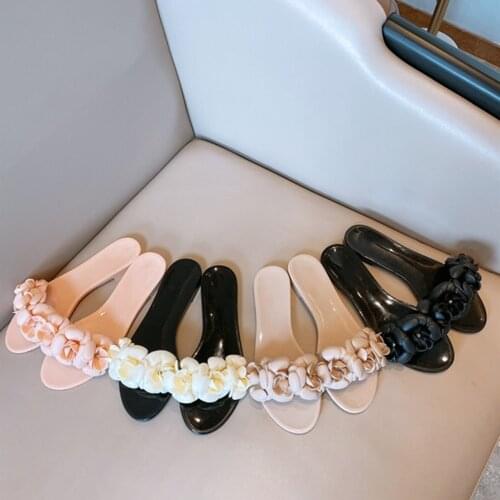 Fashion Genuine Leather Womens Sandals Summer Solid Flowers Jelly Shoes High Quality PU Flowers Womens Slippers Luxury Box