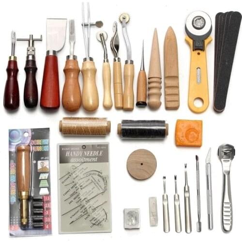 37pcs Leather Kit Leather Craft Tools Set Hand Cutter Carving Stitching Punch Carving Awl Leather Thread Needles for Beginners