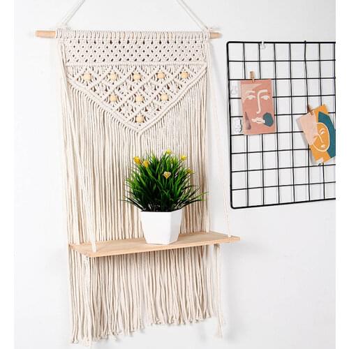 Boho Wall Hanging Shelves Wood Shelf Cotton Rope Woven Wall Decor Shelving Tapestry Shelf For Storing Magazines Flower Pots