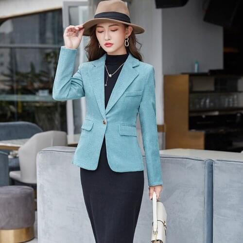 2021 New Elegant Autumn Winter Blue White Women Blazers Long Sleeve Coat Female Outerwear Office Lady Jacket Workwear Tops