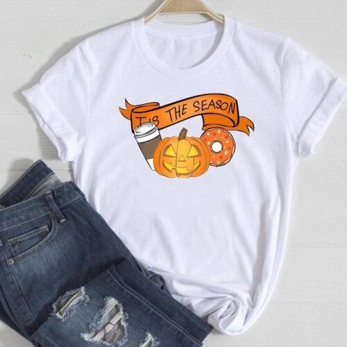 Autumn Fall Graphic Clothes Tshirt T Female Tee Top Print T-Shirt Women Thanksgiving Pumpkin Spice Lovely Cute Happy Halloween