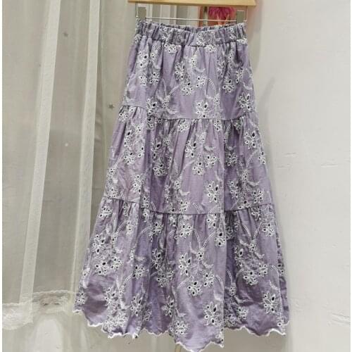 Casual Korean Elastic High Waist Skirt Women Clothes Spring Summer Embroidery Hollowing Out Purple Print Puffy Bud Skirt Female