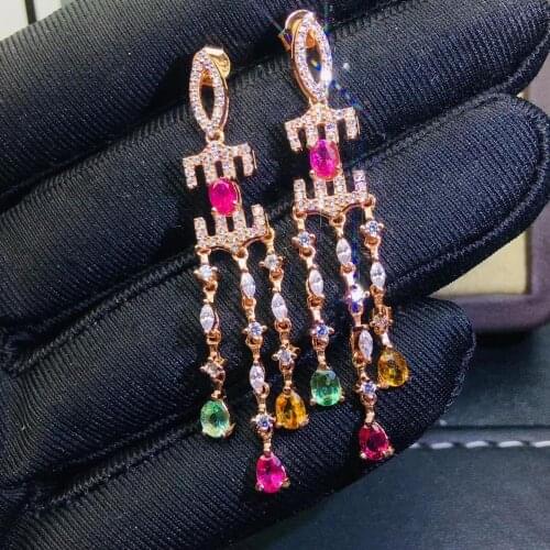 Luxurious big Tassels natural Multicolor tourmaline water drop earrings Natural gemstone earrings 925 silver girl party jewelry