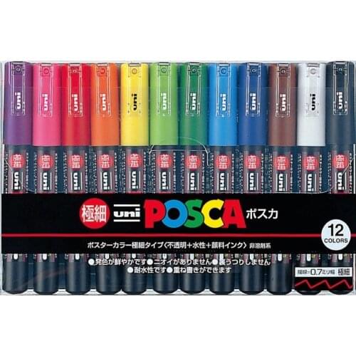 Uni-posca Paint Marker Pen - Extra Fine Point 12 Colors PC-1M for Rock Mug Ceramic Glass Wood Fabric Metal Painting Quick dry