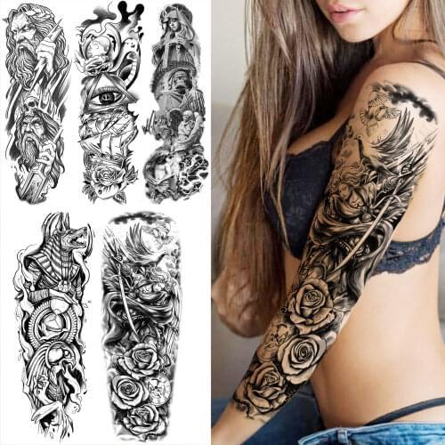 Sexy Rose Compass Temporary Tattoos Sleeve For Women Wen Roman Nun Angel Demon Eye Fake Tatoos God Wolf Full Arm Tattoo Sticker