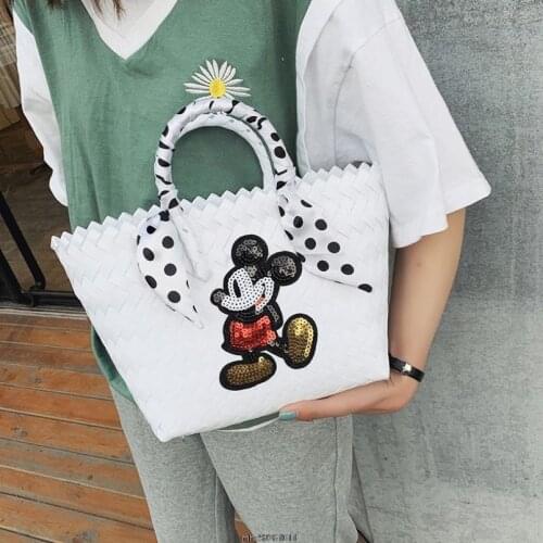 Mickey Mouse Women Handmade Woven Basket Bolsa Tote Summer Bohemian Beach Bags Luxury Brand canvas Lady Handbags Disney