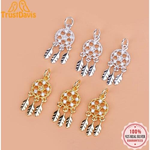 TrustDavis Real 925 Sterling Silver Fashion SWeet Tassel Feather CZ Charm Pendant Handmade DIY Accessories Fine Jewelry HY169