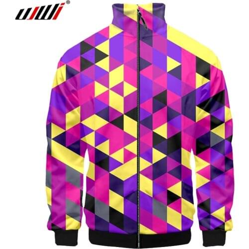 UJWI 3d Stand Collar Print Colorful Rhombus Fashion Men Women Zipper Large Size Jackets Long Sleeve Zip Up 3D Sweatshirt Tops