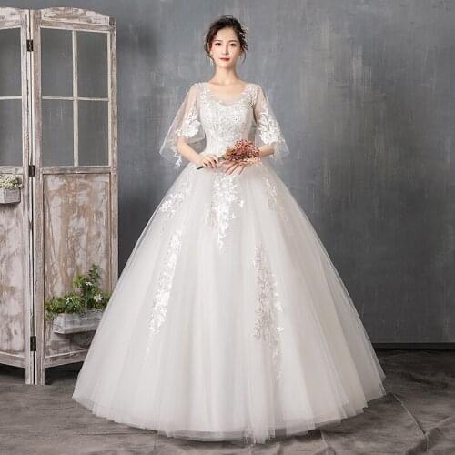 Vintage Flare Sleeves Ball Gown Tulle Luxury Beading Wedding Dress Vestidos De Noiva Custom Made 2021 New Ivory Dress Mariage