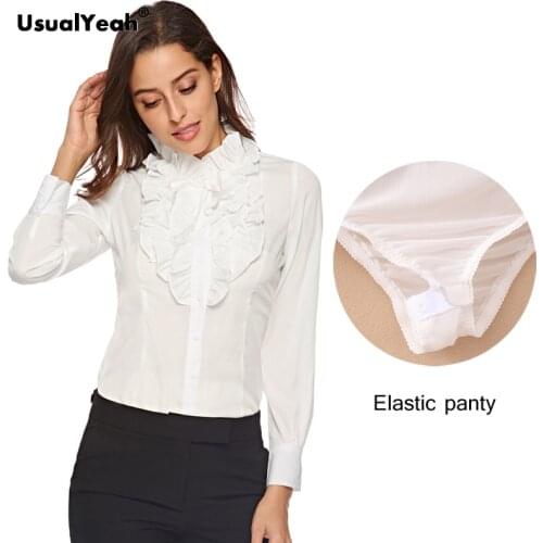 UsualYeah Women Office Lady Body Shirt Formal Blouses Long Sleeve Buttons up Ruffles Shirts Fashion Work Wear Black White XXXL