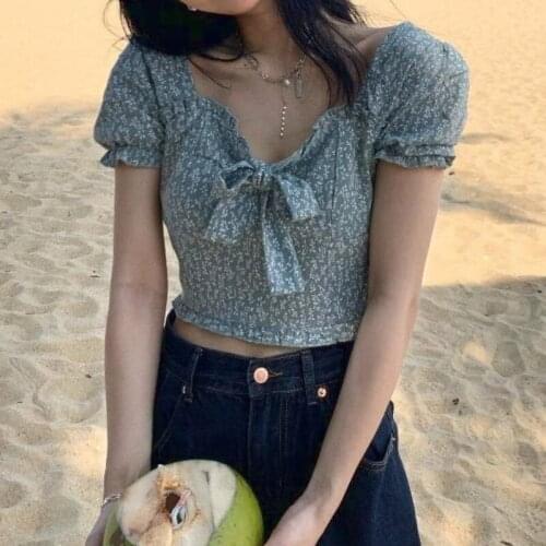 Bella Summer Vintage Floral Blouse Tops Women Beach V-Neck Sexy Casual Sweet Y2k Blouse Shirt French Slim Short Sleeve Elegant