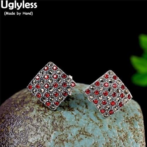 Uglyless Garnet Marcasite Square Studs Earrings for Women 13MM Cubes Earrings Buckles Thai Silver 925 Silver Earrings Vintage