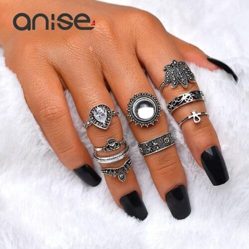Anise 9 pcs/set Vintage Totem Crown Crystal Rings Set For Woman Exquisite Bohemian Ethnic Knuckle Ring Female Punk Jewelry