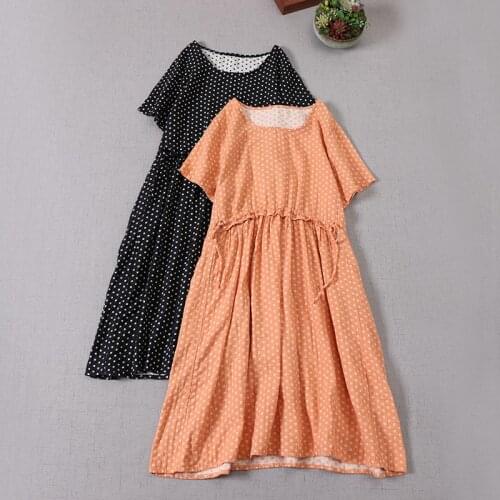 New Summer Women Double Cotton Yarn Short Sleeve Dress Loose Mori Girl O-Neck Midi Dress