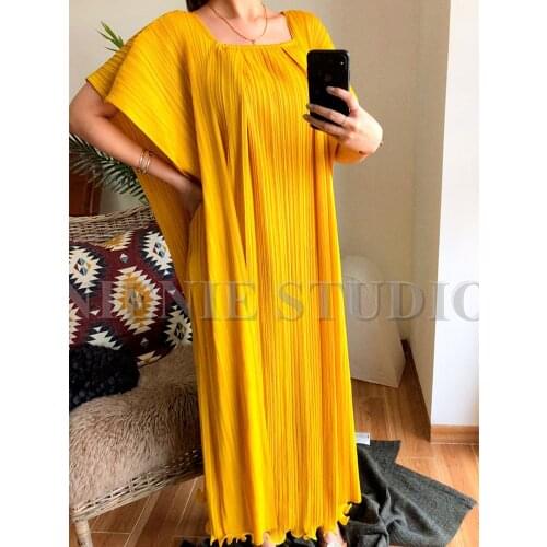 2020 spring summer plus size Korean women Miyake pleated wind streamer flying sleeves Square Collar long Oversized yellow dress