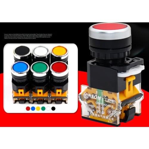 22mm Flat Head Green Push Button Momentary Switch With LED Light 220V LA38-11BN