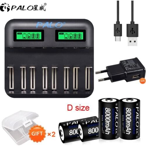 Palo 4pcs 8000mah 1.2V D battery D size rechargeable battery+LCD AA AAA C D size R20 battery charger for 1.2V nimh nicd battery