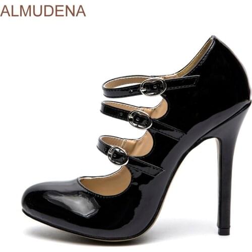 ALMUDENA Black Shiny Patent Leather Pumps Thin High Heel Tripe Buckle Strap Decorated Dress Shoes Sexy Nightclub Girls Shoes