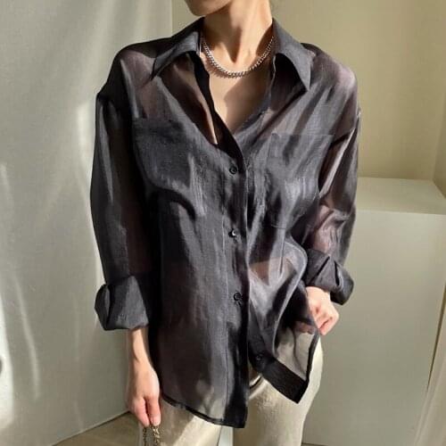 GLODTAOS Elegant Top Femme Long Sleeve Sunscreen Thin Shirt Ladies Casual Loose Turn-down Collar Black Women Blouse
