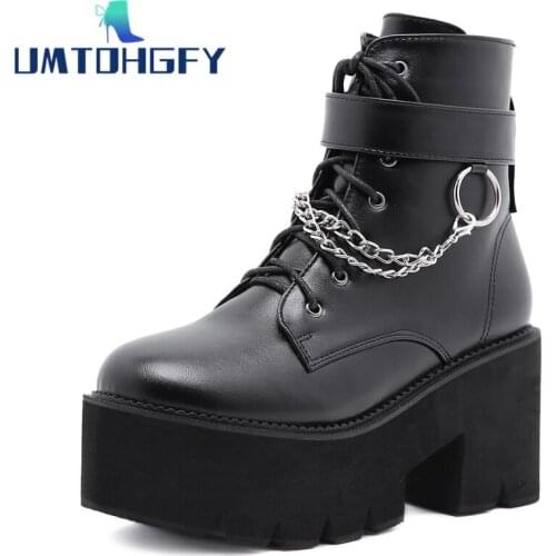 Brand 41 42 43 Sexy Chain Women Leather Autumn Boots Block Heel Gothic Black Punk Style Martin Platform Shoes Female Footwear