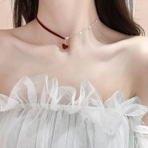Small Red Heart Pearl String Split Joint Necklace Concise Clavicle Chain Woman Trend Neck Bring Joker Temperament A Collar For A