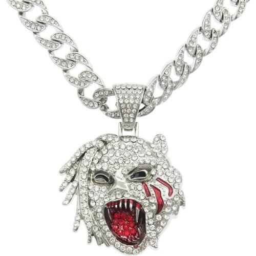 Iced Out Full Rhinestone Leopard Head Pendant With Hip Hop Big 11mm Miami Cuban Chain Hiphop Necklaces Fashion Jewelry
