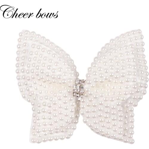 Boutique Lovely White Pearl Hairbow Solid Chic Bowknot With Clips Central Rhinestone Hairbows For Princess Hair Accessories