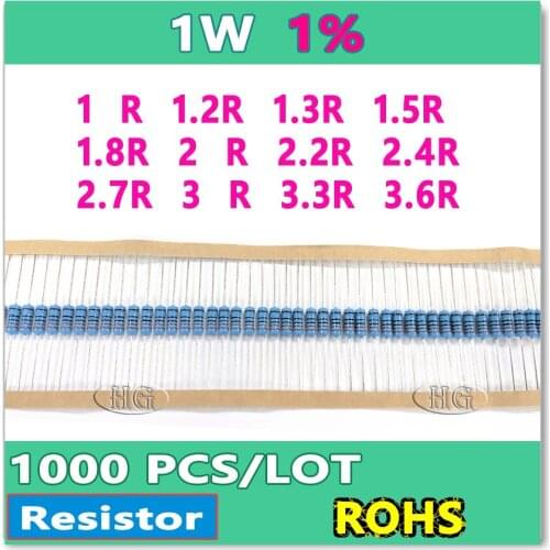 JASNPROSMA 1W 1000PCS/LOT 1% 1R 1.2R 1.3R 1.5R 1.8R 2R 2.2R 2.4R 2.7R 3R 3.3R 3.6R metal film DIP OHM Box packing