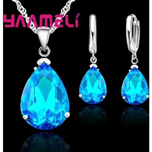 Elegant Water Drop Woman Party Wedding Jewelry 925 Sterling Silver AAA Cubic Zircon Fashion Crystal Earring Necklace Set
