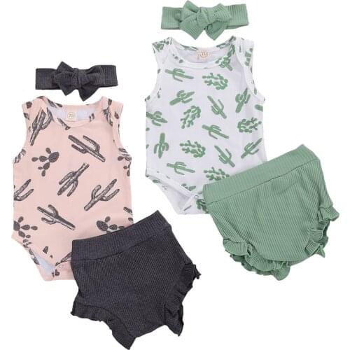Citgeett Summer 3Pcs Newborn Infant Baby Girl Outfit Set Cactus Sleeveless Romper+Solid Color Ruffle Triangle Pants+Bow Hairband