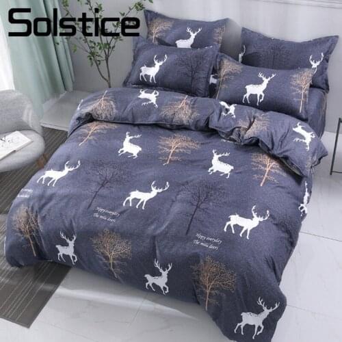 Solstice Home Textile Milu Elk Cartoon Bedding Set Duvet Cover Pillowcase Sheet Deep Blue Bed Linens For Adult Teenage Man Woman
