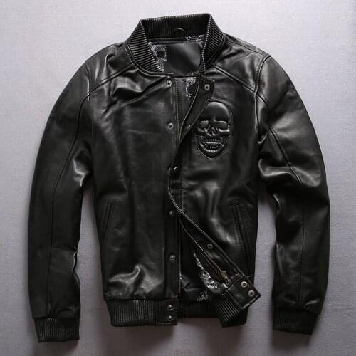 New Mens Sheepskin Vintage Brand Soft Genuine Leather Coats for Male Motorcycle Biker Large Size Black Jacket