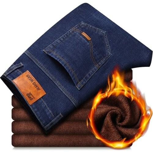 2021 Winter New Mens Warm Jeans Business Casual Elasticity Thick Slim Denim Pants Brand Trousers Black Plus Size 40