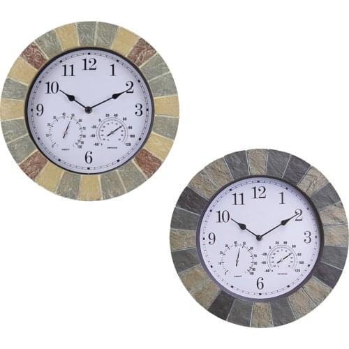 13-inch Faux Stone Wall Clock with Thermometer + Hygrometer Indoor&Outdoor Bedroom Living Room