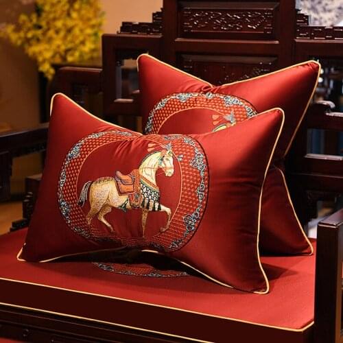 Traditional Chinese Style Embroidery Horse Cushion Covers Golden Yellow Waist Pillow Cases High-grade Luxury Pillowcases Covers