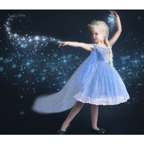 Fancy Girl Lace Flower Crystal Snow Queen Elsa Princess Dress Elegant Kids Sequins Sling Gowns Child Birthday Party Prom Dress